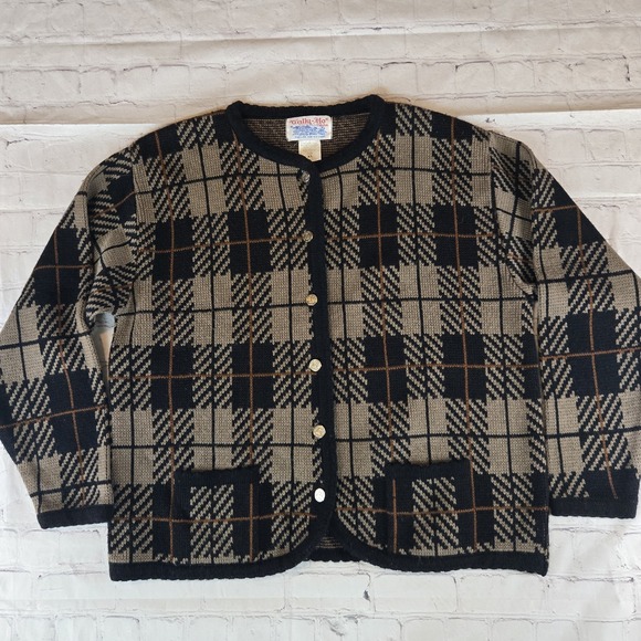 Tally Ho Sweaters - Tally Ho Vtg 90s Pollak Nova Check Plaid Cardigan XL Academia Preppy Old Money